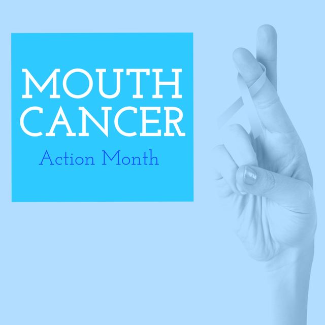 Image of mouth cancer action month and hands of caucasian woman with ribbon. Health, medicine and caner awareness concept.