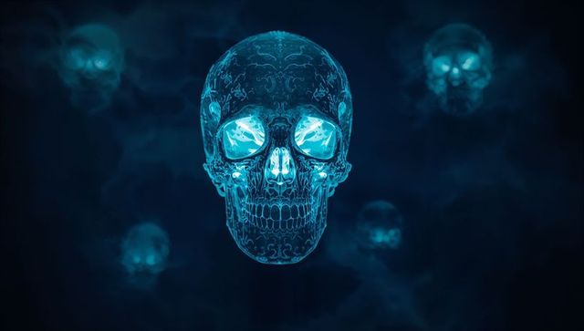 Futuristic Glowing Neon Blue Digital Skull in Dark Void