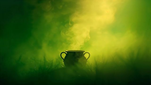 Steaming two-handled cauldron silhouette in dewy meadow backlit by golden green ethereal glow