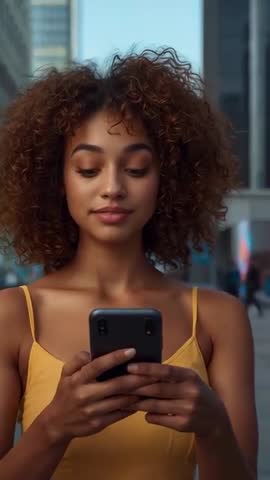 Vertical video: Woman texting and smiling while walking downtown in yellow top, urban lifestyle