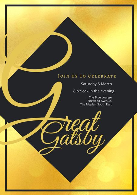 Elegant Great Gatsby-themed invitation featuring an Art Deco design with a luxurious gold and black color scheme. Utilizes classic 1920s aesthetics to create a sophisticated and glamorous invite suitable for high-end parties, themed events, or roaring twenties exhibitions. Perfect for conveying a sense of opulence and historical charm.