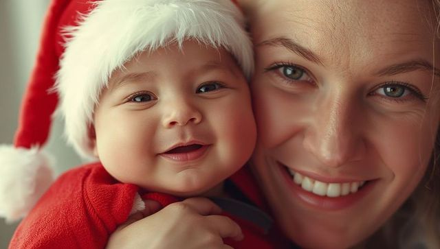 Joyful Mother and Baby in Festive Santa Attire
