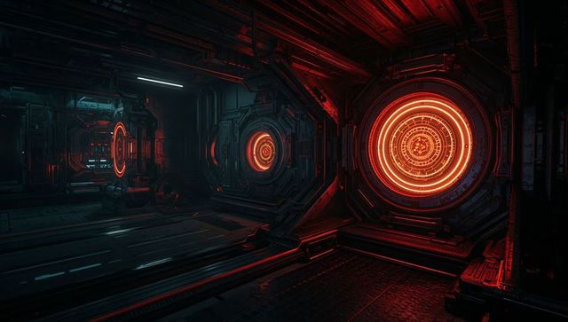 Futuristic sci-fi corridor with glowing red interface panel