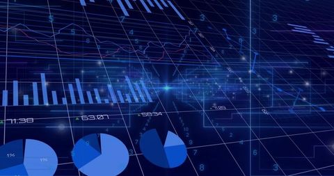 Futuristic 3D Data Visualization Dashboard with Neon Grid Bars Pies and Line Charts