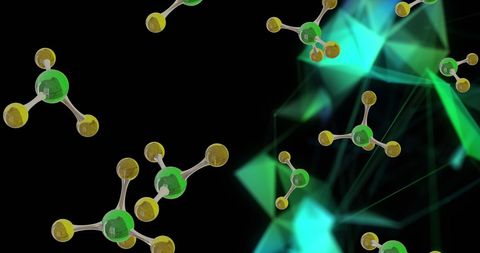 3d molecular structure with illuminated green light trails