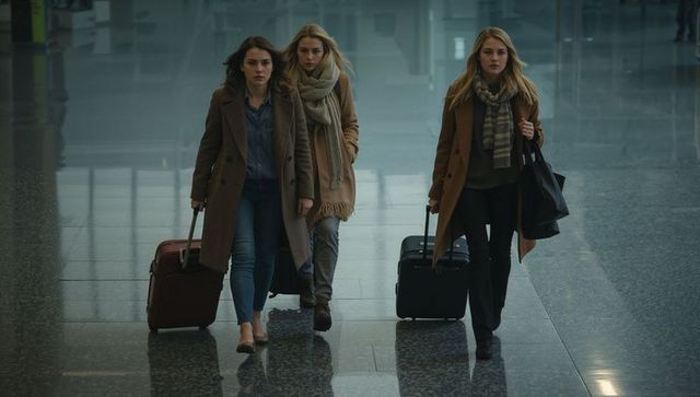Three women walking through airport terminal pulling luggage wearing coats and scarves