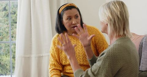 Senior Friends Engaging in Warm Chat by Window at Home