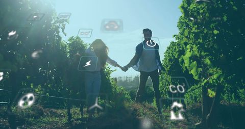 Caucasian Couple Holding Hands Amidst Vineyard with Eco Icons Overlay