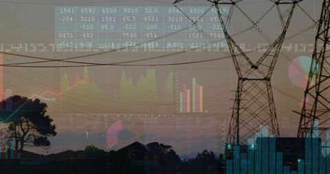 Power transmission lines with data visualization at sunset