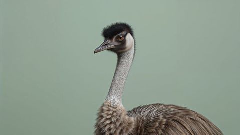 Emu in minimalist portrait with sage-green background