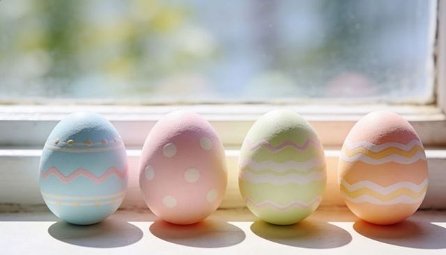 Pastel easter eggs displaying symmetry on sunlit window sill casting soft spring shadows