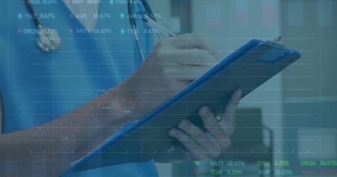 Clinician holding clipboard writing notes with data analytics overlay for medical dashboard