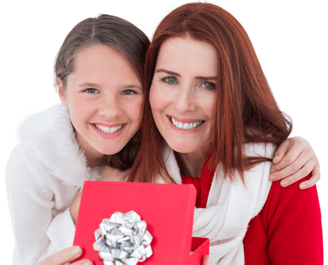 Joyful Caucasian Mother and Daughter Celebrating with Gift Box on Transparent Background