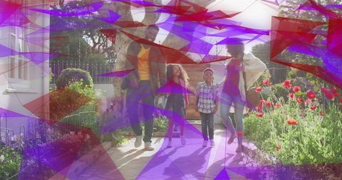 Walking family with backpacks on garden path, red poppies, vibrant geometric overlay