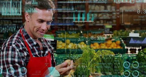 Grocery Vendor Inspecting Potato and Fresh Herbs at Farmers Market with Data Overlay
