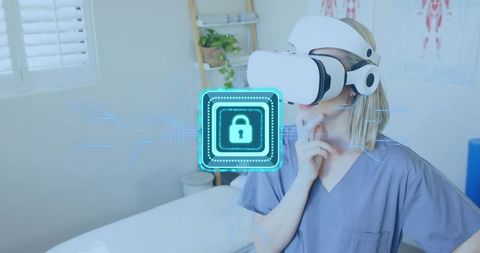 Clinician Utilizing VR Headset with Holographic Security Interface