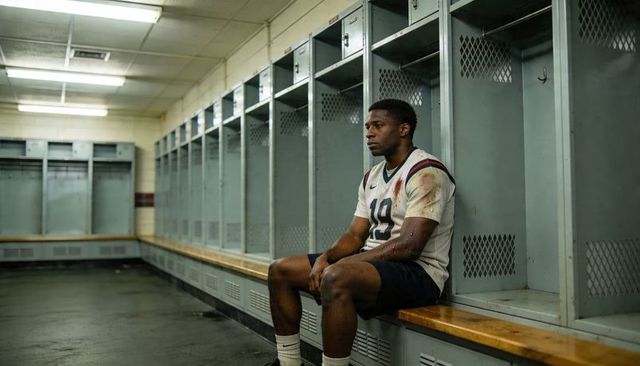 Solitary football player sitting on locker room bench wearing stained #19 jersey post-game