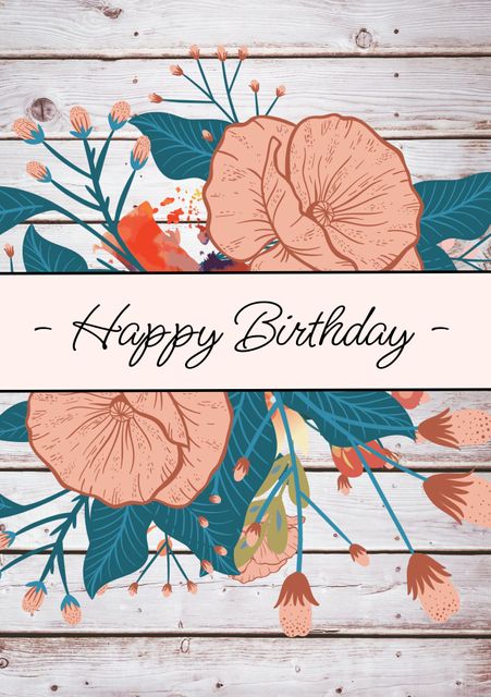 Elegant birthday greeting card featuring floral design overlay on a rustic wooden background. Ideal for birthday celebrations, personal messages, party invitations, and anniversary greetings.