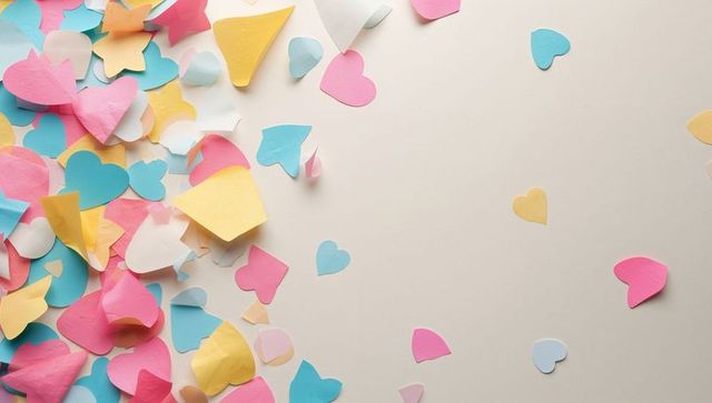 Pastel paper heart confetti scattering on beige surface with curled craft cutouts