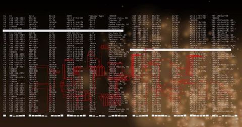 Dark ops monitor displaying dense terminal data columns with red network topology overlay