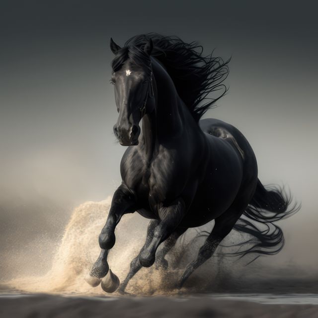 This striking image captures a majestic black horse galloping through the sands of a desert. Powerful and wild, the horse represents freedom and strength. Ideal for use in projects related to wildlife, nature, power, motion, and equine beauty. Perfect for use in digital marketing, inspirational posters, and animal-themed content.