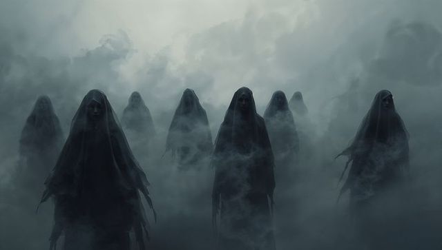 Ghostly Figures in Misty Fog Creating Eerie Atmosphere