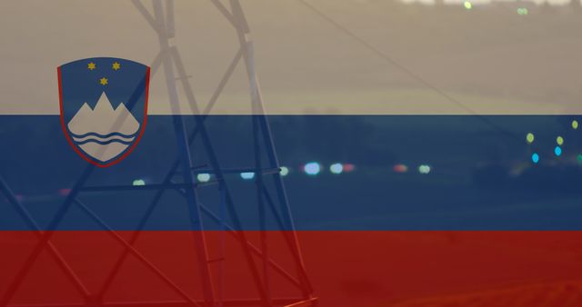 Flag of Slovenia Overlaid on Electric Pylons Symbolizing International Politics - Download Free Stock Images Pikwizard.com