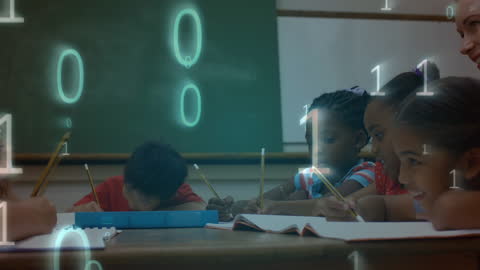 Diverse Group of Schoolchildren Learning with Interactive Technology