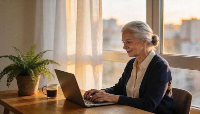 Senior woman working on laptop at sunlit window with coffee and fern, cozy home office