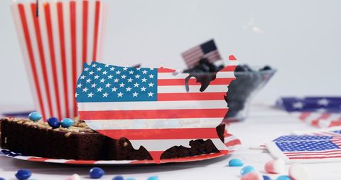 USA Flag Design Overlay on Map with Delicious Desserts