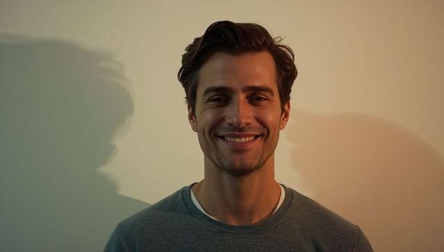 Smiling young man in grey sweater casting warm duotone shadows on wall