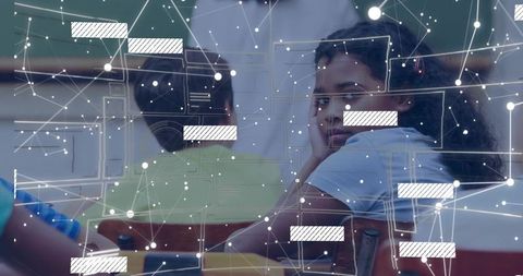 Curious Student in Classroom with Digital Network Graphics