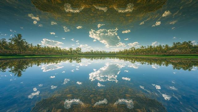 Symmetrical reflection of palm trees in serene lake harmony