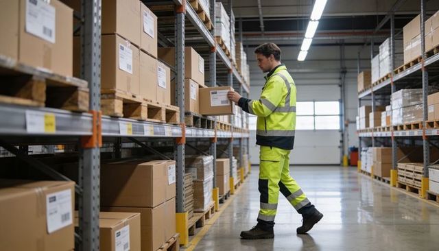 Warehouse worker inspecting barcode on cardboard box in high-visibility safety workwear