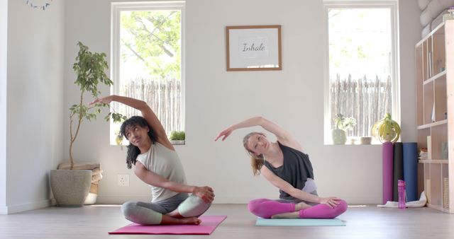 Happy diverse fitness women exercising and stretching on mat in white room - Download Free Stock Photos Pikwizard.com