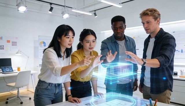 Multicultural team exploring holographic architectural model for collaborative design