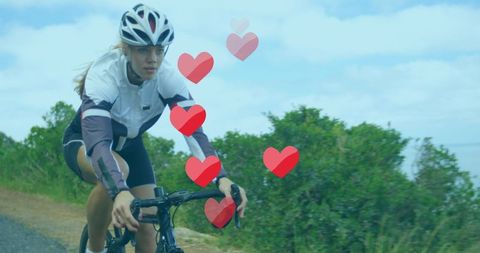 Woman Cycling by Nature with Cartoon Hearts Overlay
