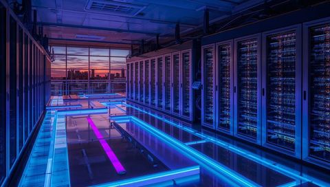 Futuristic Data Center with Neon Blue Lighting