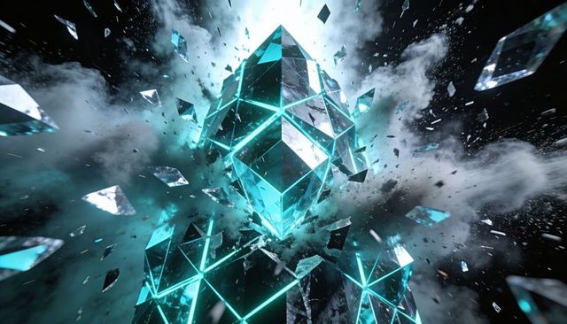 Shattering neon crystal core exploding into cyan-fractured polygonal shards in dark void