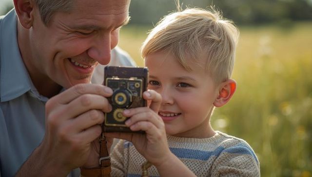 Father teaching son photography with vintage camera in sunlit meadow