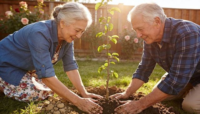 Senior couple planting young tree in sunlit backyard garden, teamwork and sustainability