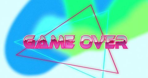 Retro vaporwave game over design with neon pink 3d lettering, cyan-magenta triangles vivid