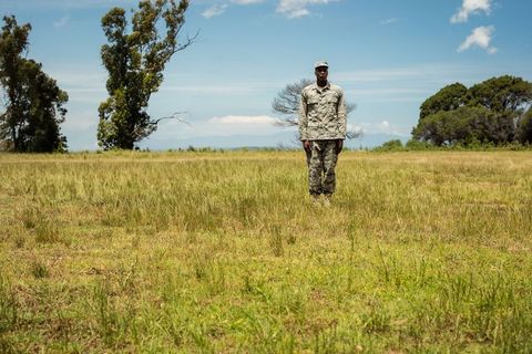 African American Soldier Standing in Camouflage Uniform on Open Grassland Under Blue Sky