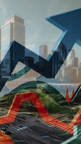 Vertical motion graphics of blue upward arrow and colorful trend lines over urban skyline