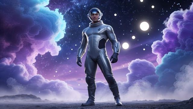 Astronaut Standing on Alien Planet Under Starry Sky