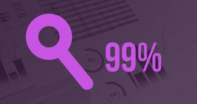 Abstract representation of high search success rate or accuracy using magnifying glass and progress percentage. Background features graphs and data analytics indicators in purple tones. Useful for presentations, articles, and blogs related to statistics, data analysis, technology, or search engine advancements.