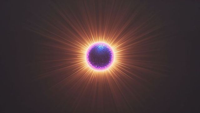 Luminous Neon Orb Radiating Purple Core with Orange Halo and Radial Light Beams