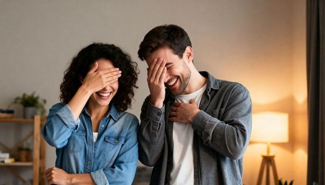 Laughing couple covering faces in cozy living room, sharing warm playful moment