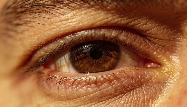 Gazing brown eye showing detailed iris, lashes and periorbital skin texture macro