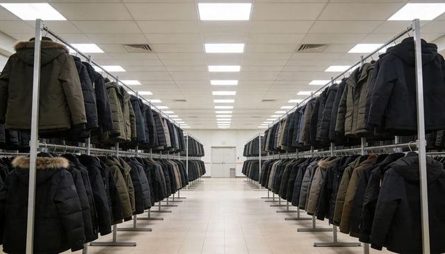Symmetrical retail aisle showing double-tier coat racks filled with winter parkas and fur hoods